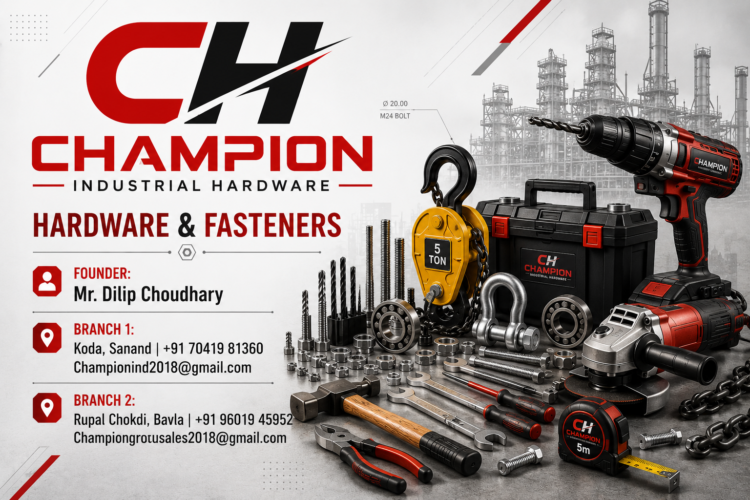 Champion Industrial Hardware hardware and fasteners campaign graphic with founder and branch information